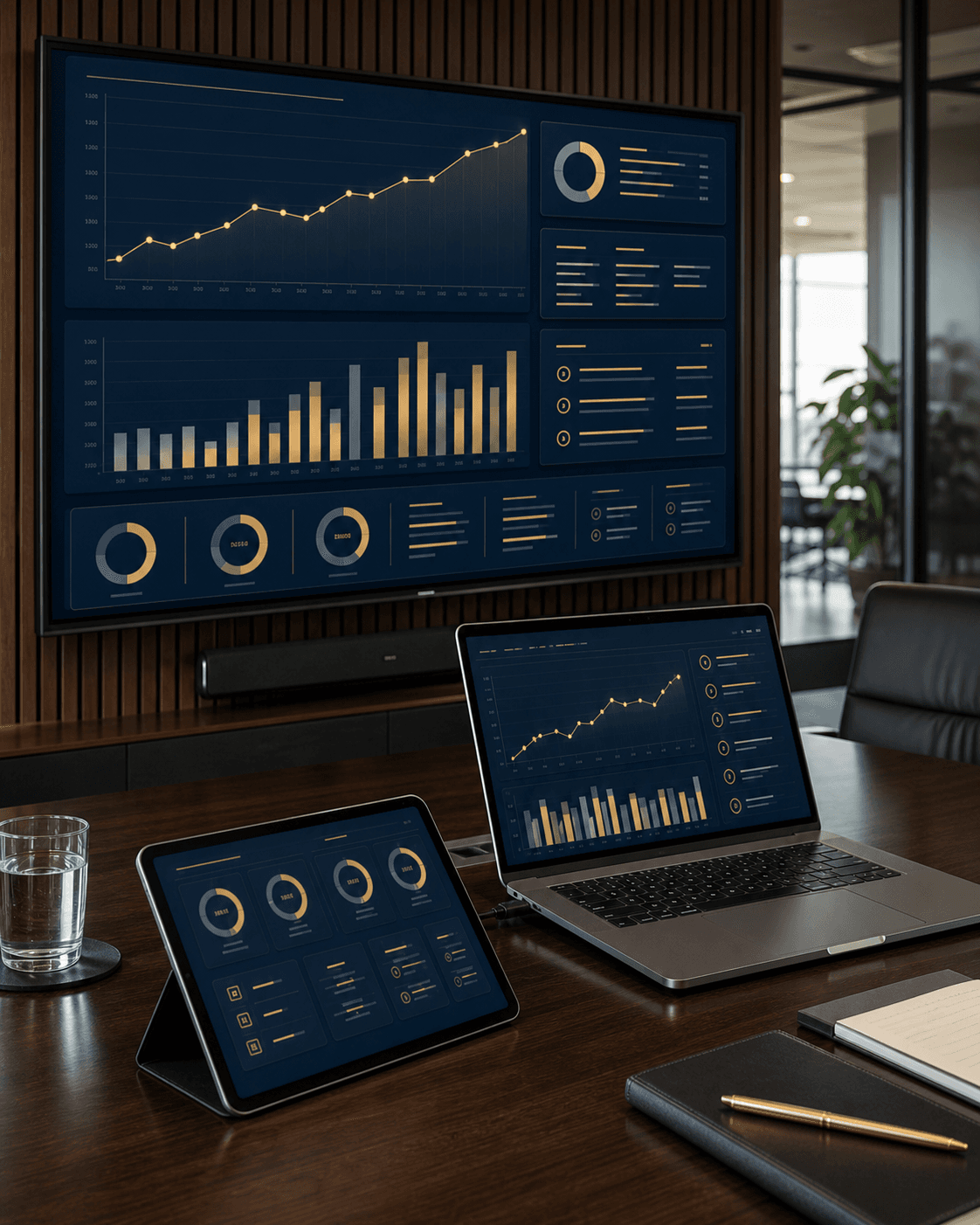 Swift's live reporting dashboard shown across desktop, laptop, and tablet